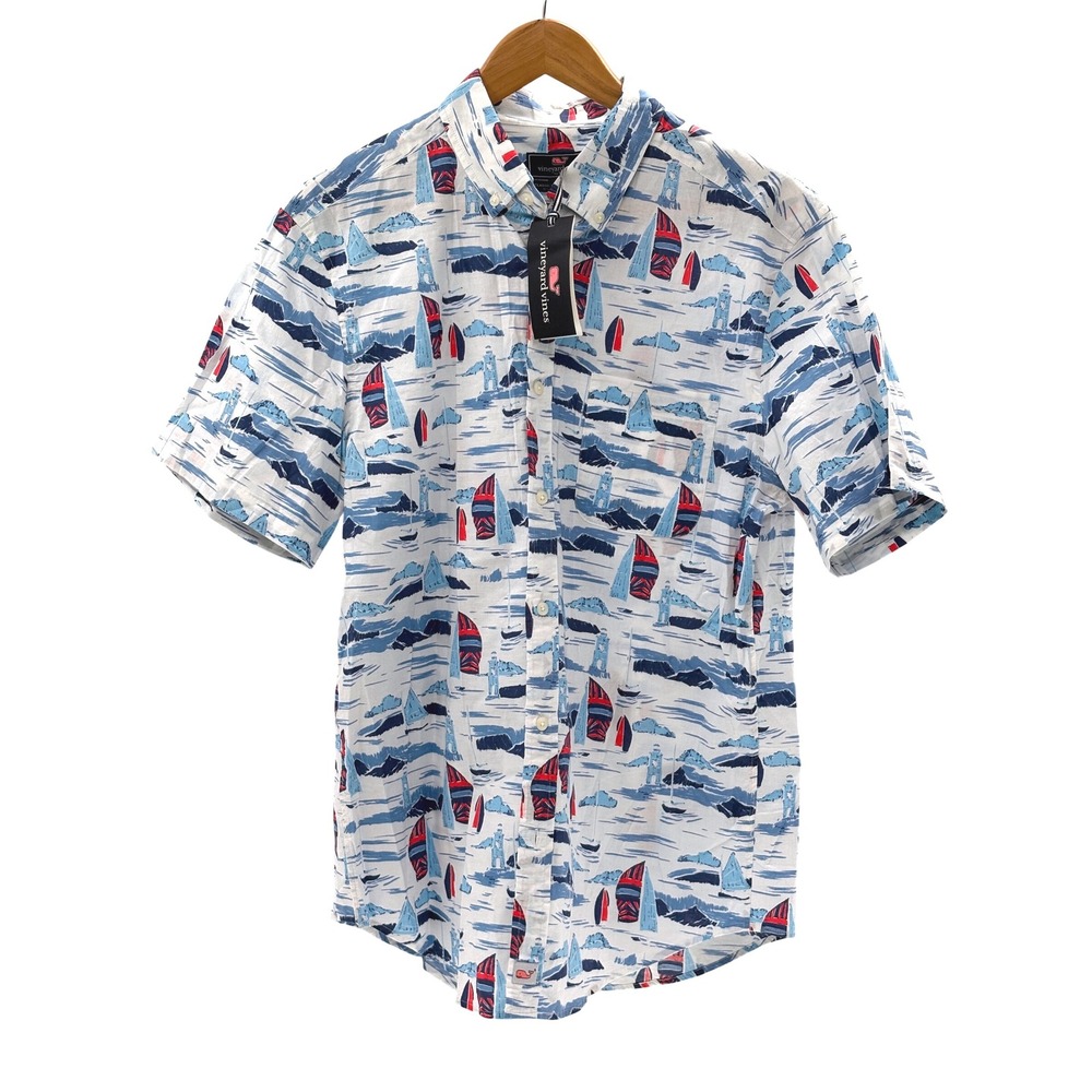 Vineyard Vines Button Down Shirt Short Sleeve Classic Men Medium White Cap New